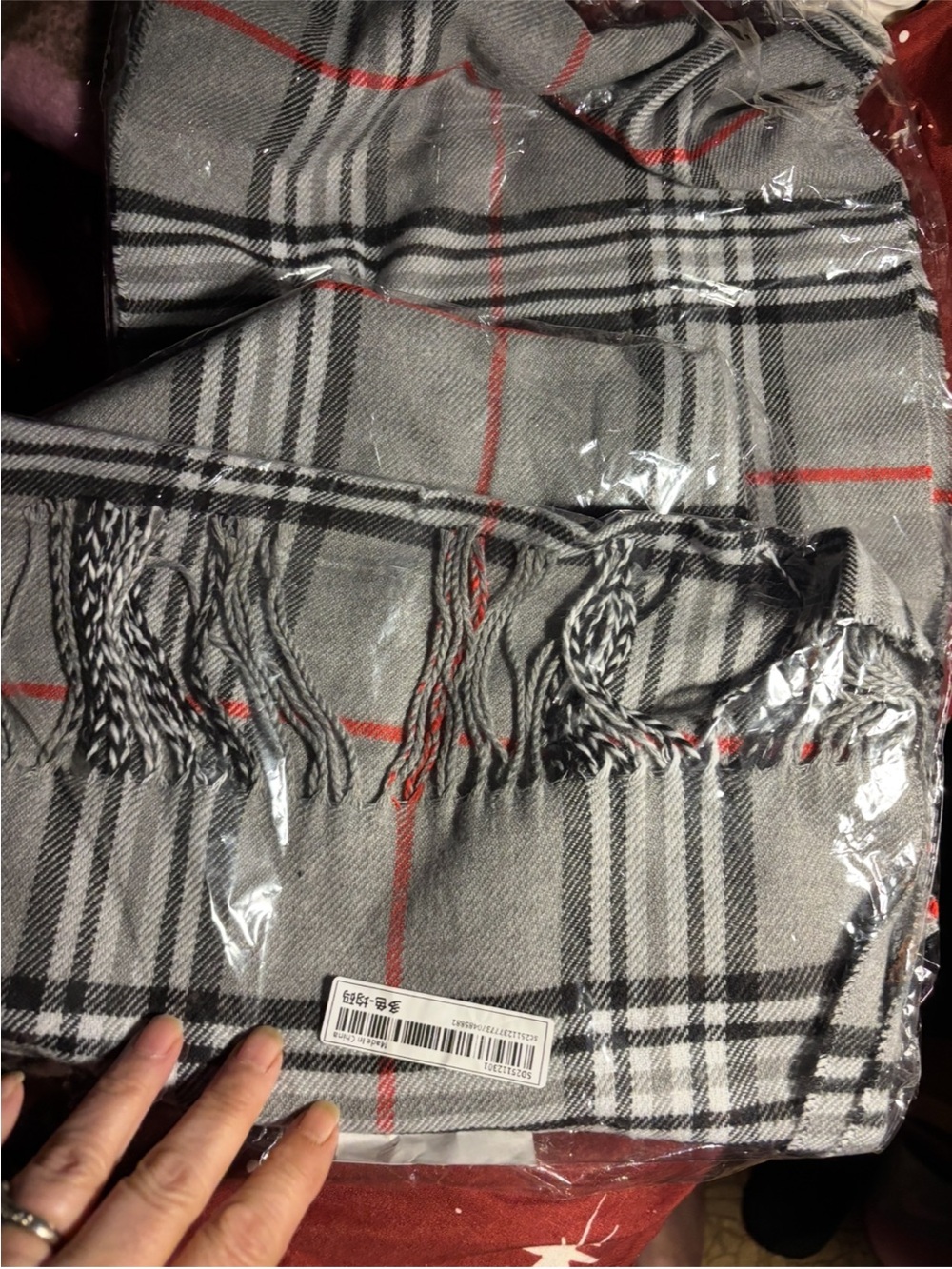 Grey Plaid Fringe Scarf with Red Accent